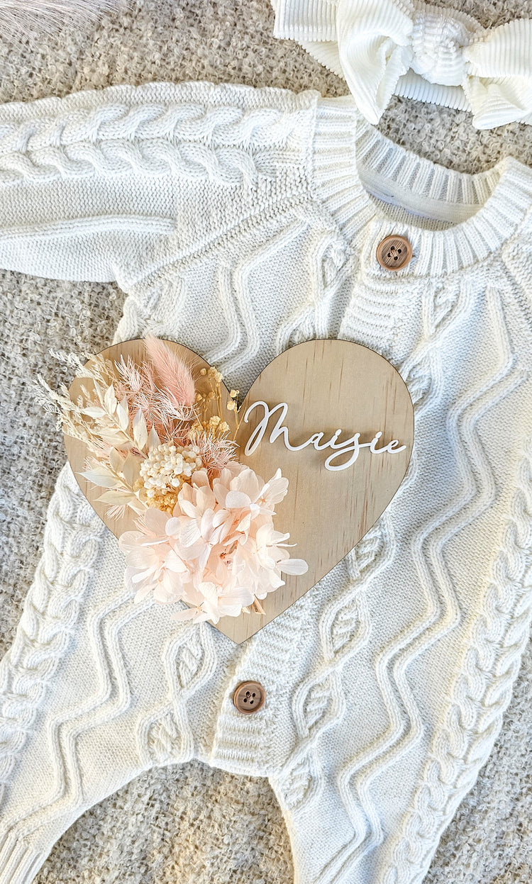 Personalised Timber Birth Announcement - Dried Floral Plaque