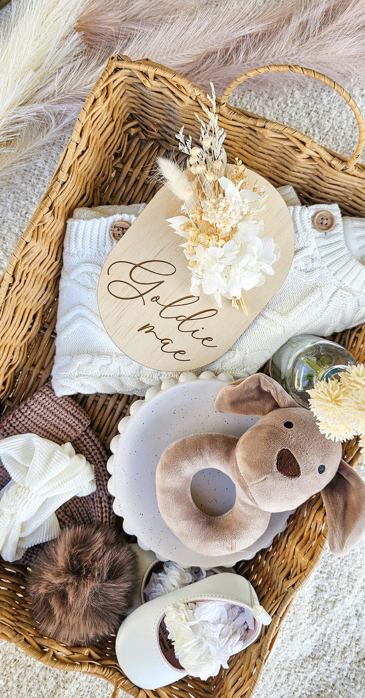 Personalised Timber Birth Announcement 2 Names- Dried Floral Plaque