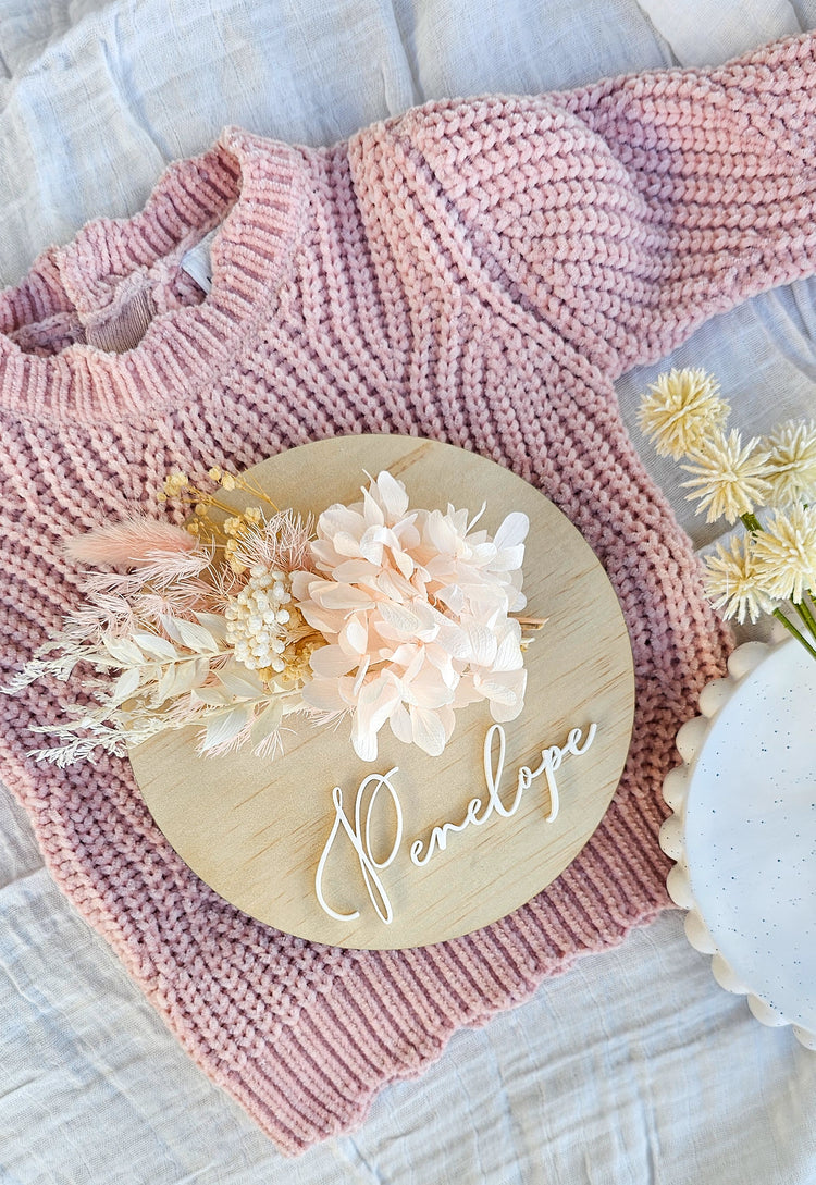 Personalised Timber Birth Announcement - Dried Floral Plaque