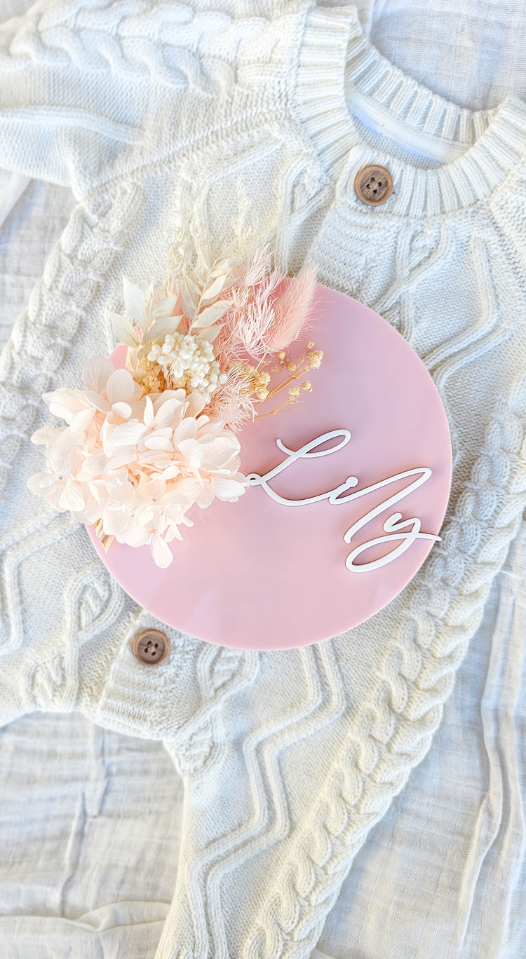 Personalised Acrylic Birth Announcement - Dried Floral Plaque
