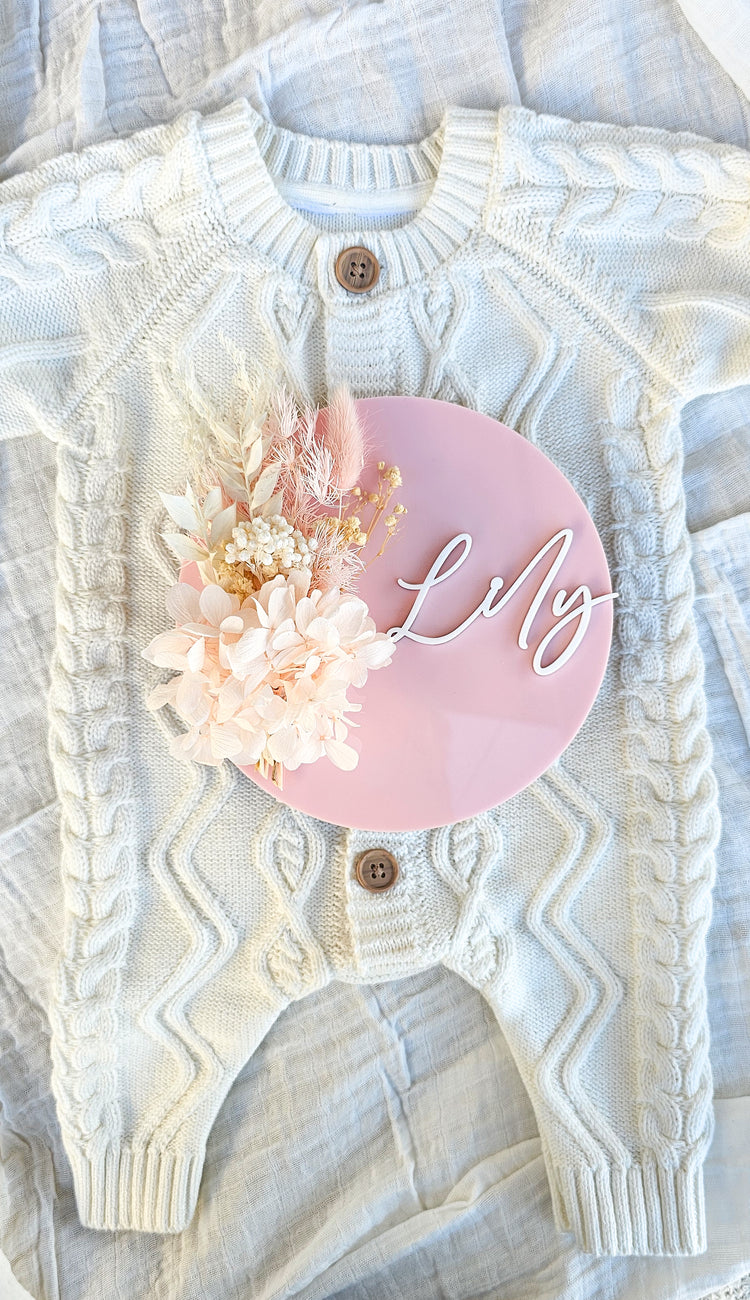 Personalised Acrylic Birth Announcement - Dried Floral Plaque