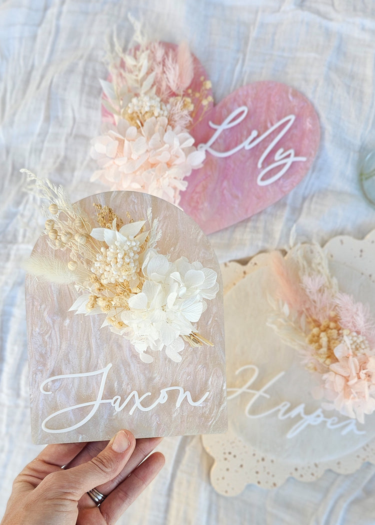 Personalised LUXE Acrylic Birth Announcement - Dried Floral Plaque