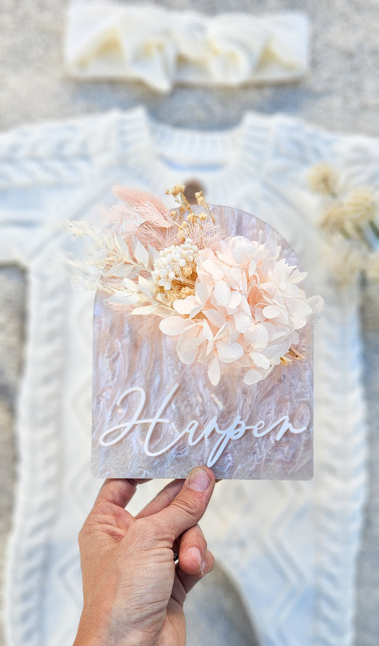 Personalised LUXE Acrylic Birth Announcement - Dried Floral Plaque