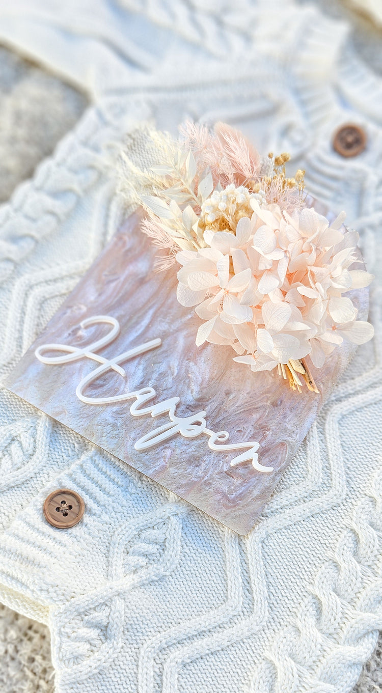 Personalised LUXE Acrylic Birth Announcement - Dried Floral Plaque
