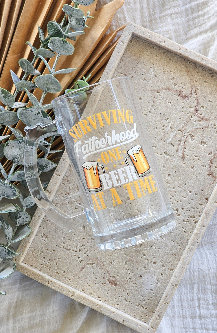 Glass Beer Mug with Printed Designs