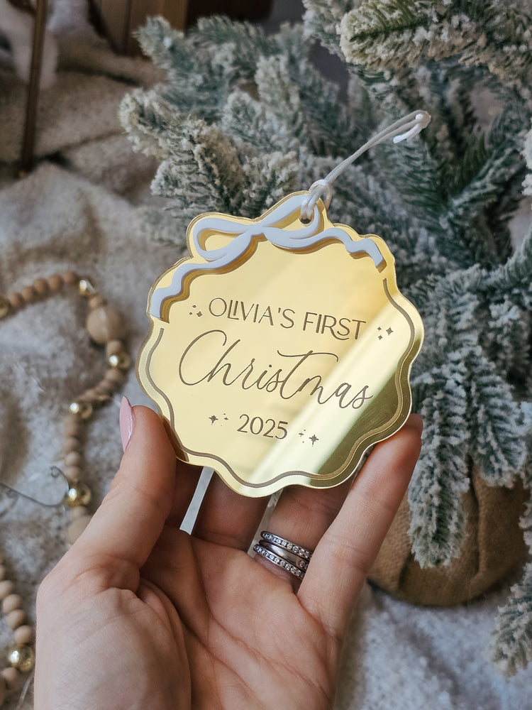 Wavy Bow First Christmas Ornament