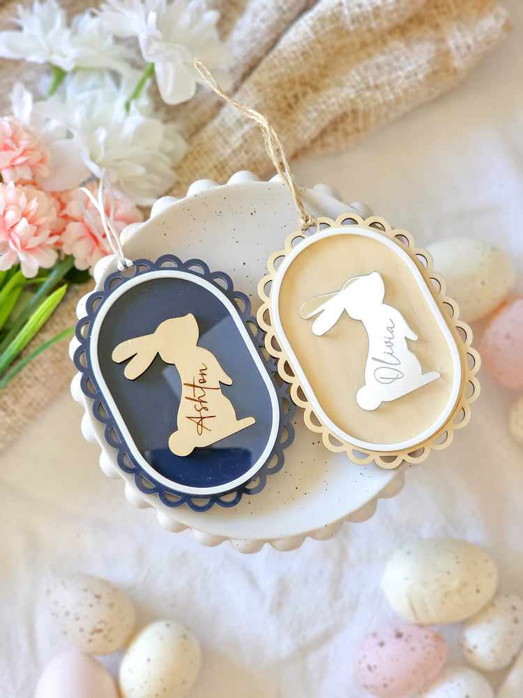 Oval Vintage Easter Tag with Personalised Bunny - Acrylic Base