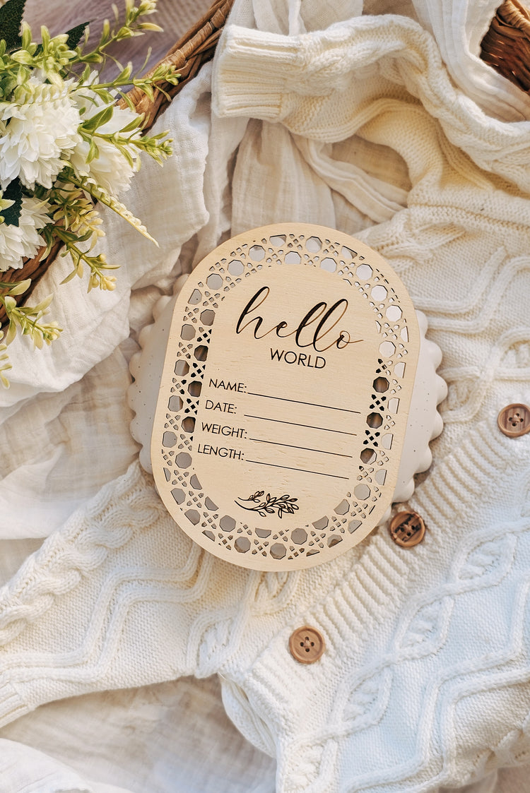 Rattan Oval Hello World Announcement Plaque