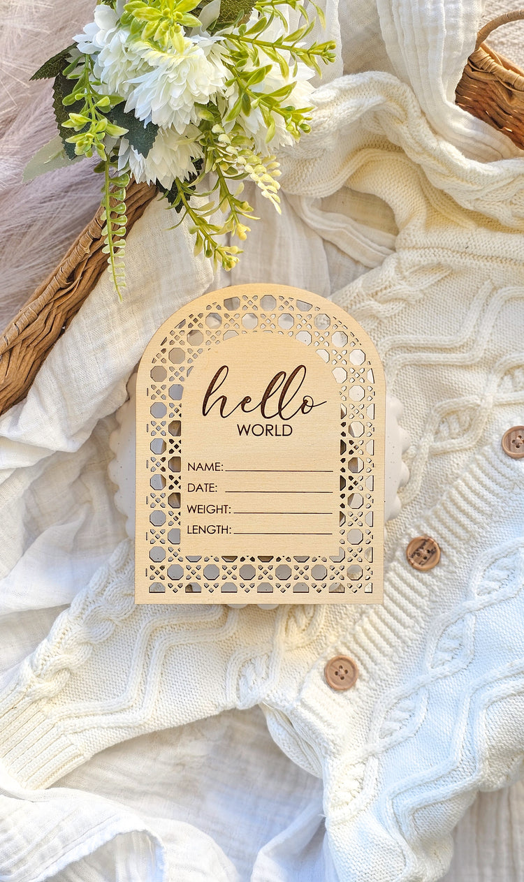 Rattan Arch Hello World Announcement Plaque