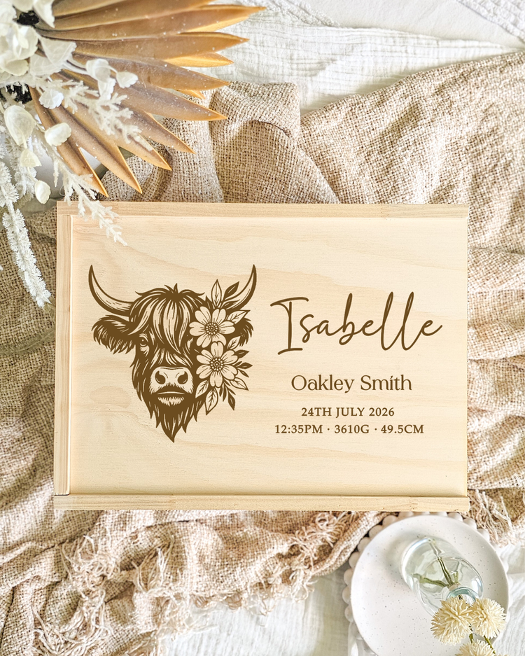 Wooden Keepsake Box - Floral Highland Cow Design