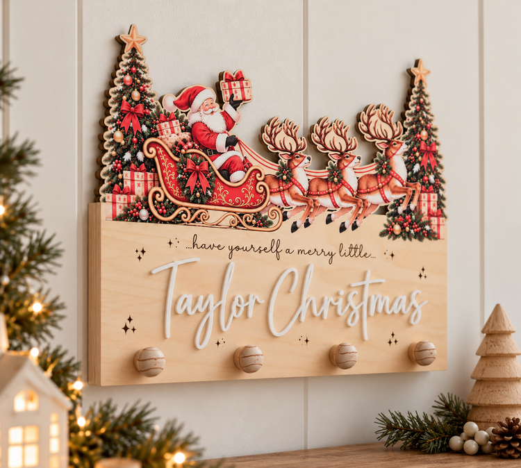 Santa Sleigh Printed Stocking Hanger - Red Design