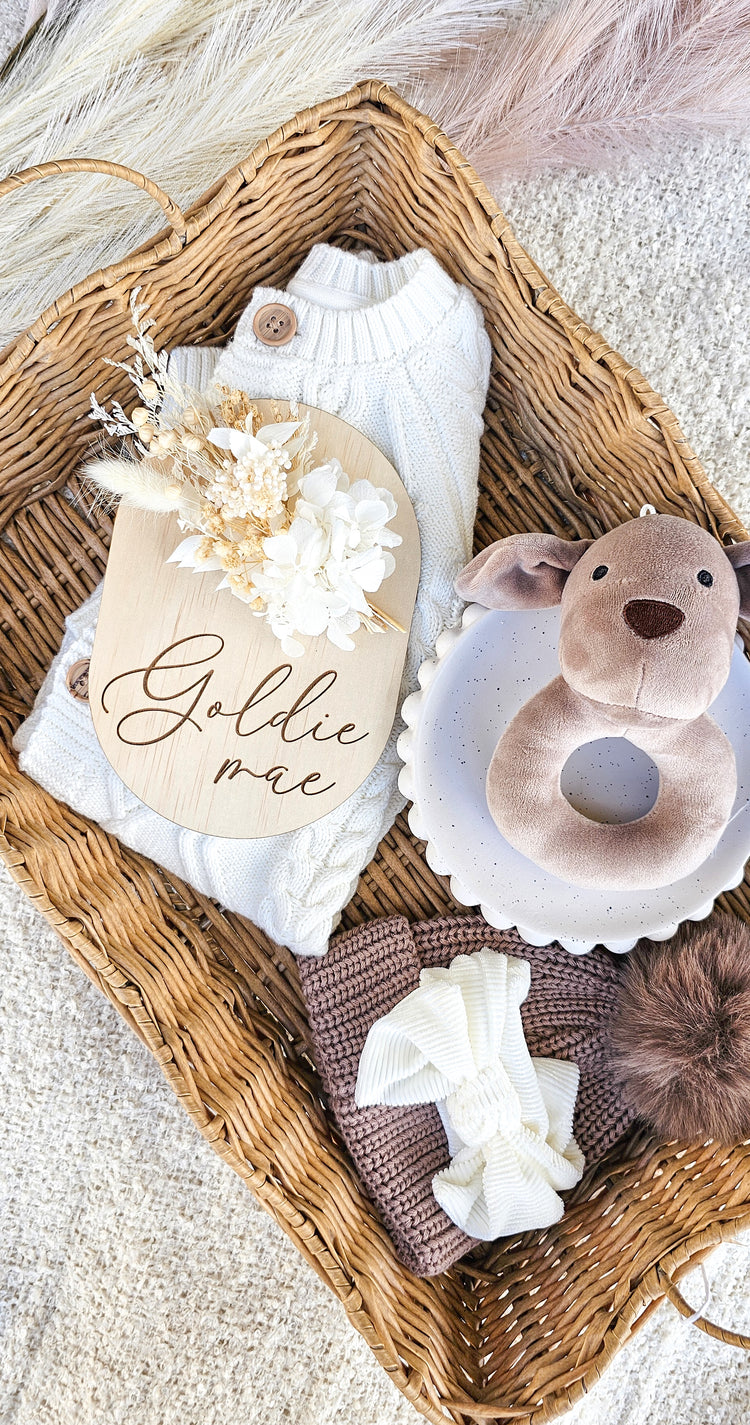 Personalised Timber Birth Announcement 2 Names-  Dried Floral Plaque