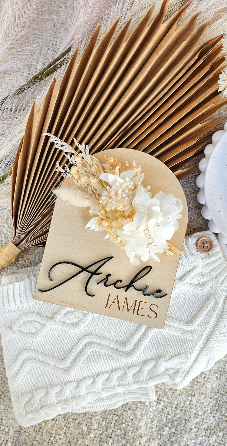 Personalised Timber Birth Announcement 2 Names-  Dried Floral Plaque