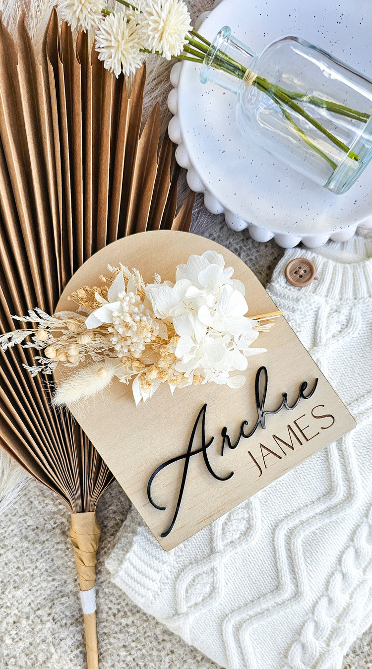 Personalised Timber Birth Announcement 2 Names-  Dried Floral Plaque