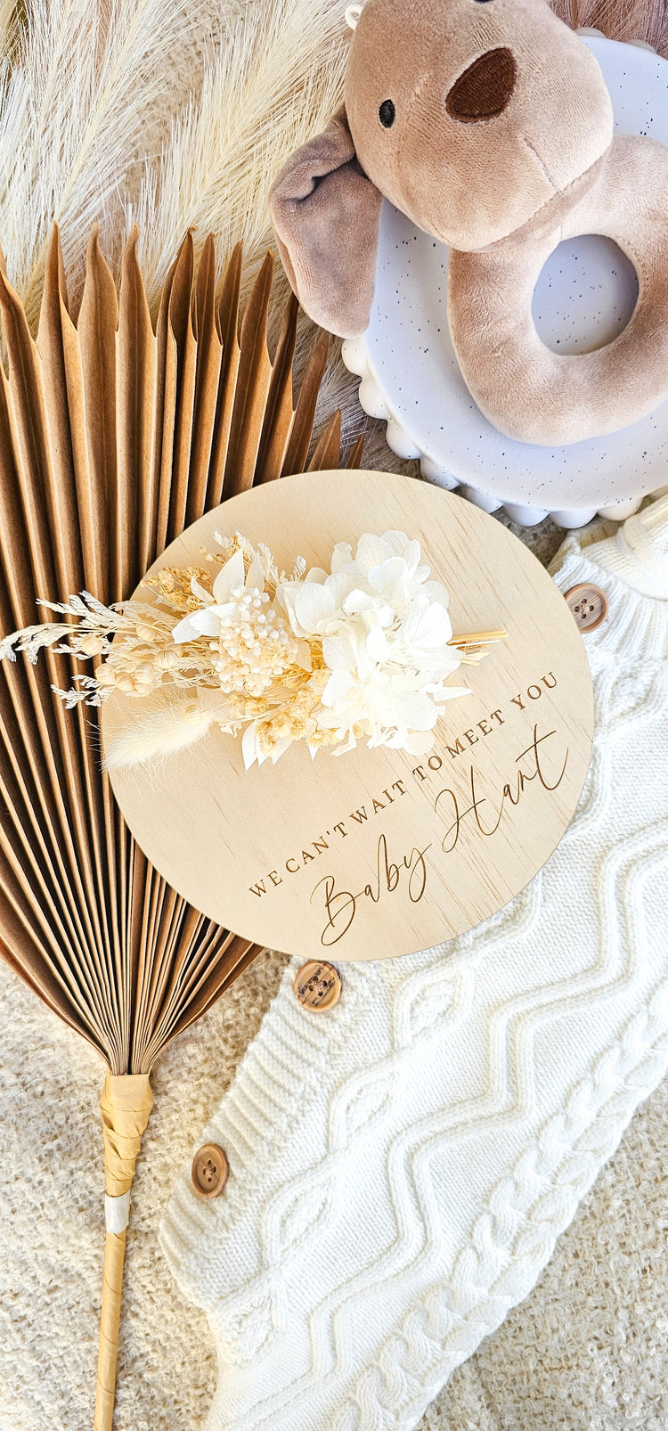 We can't wait to meet you - Dried Floral Pregnancy Announcement