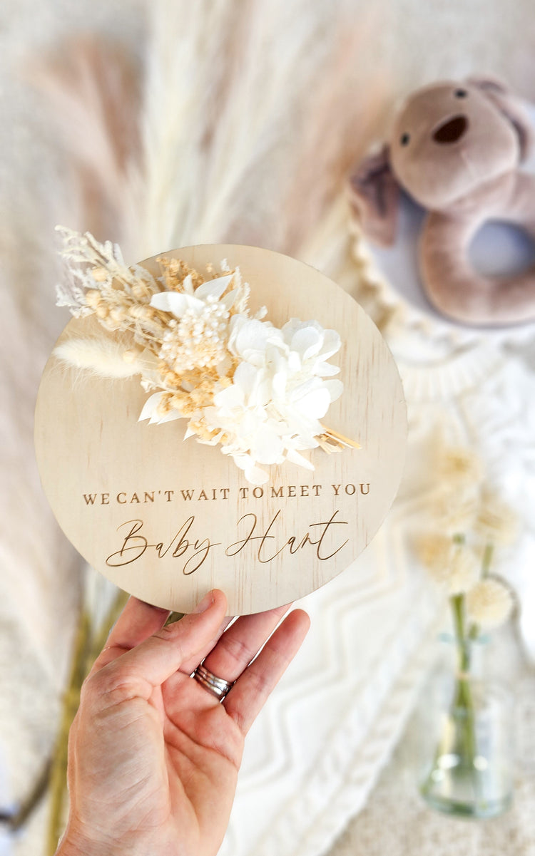 We can't wait to meet you - Dried Floral Pregnancy Announcement