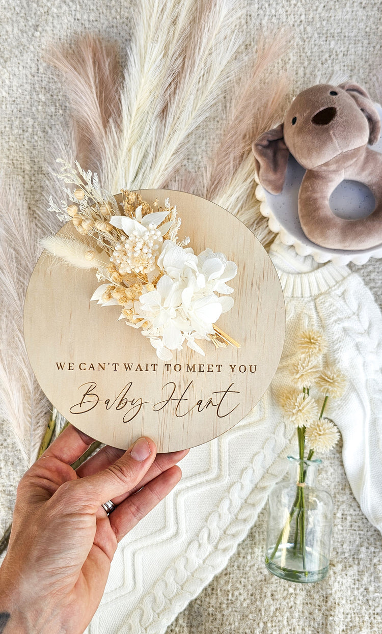 We can't wait to meet you - Dried Floral Pregnancy Announcement