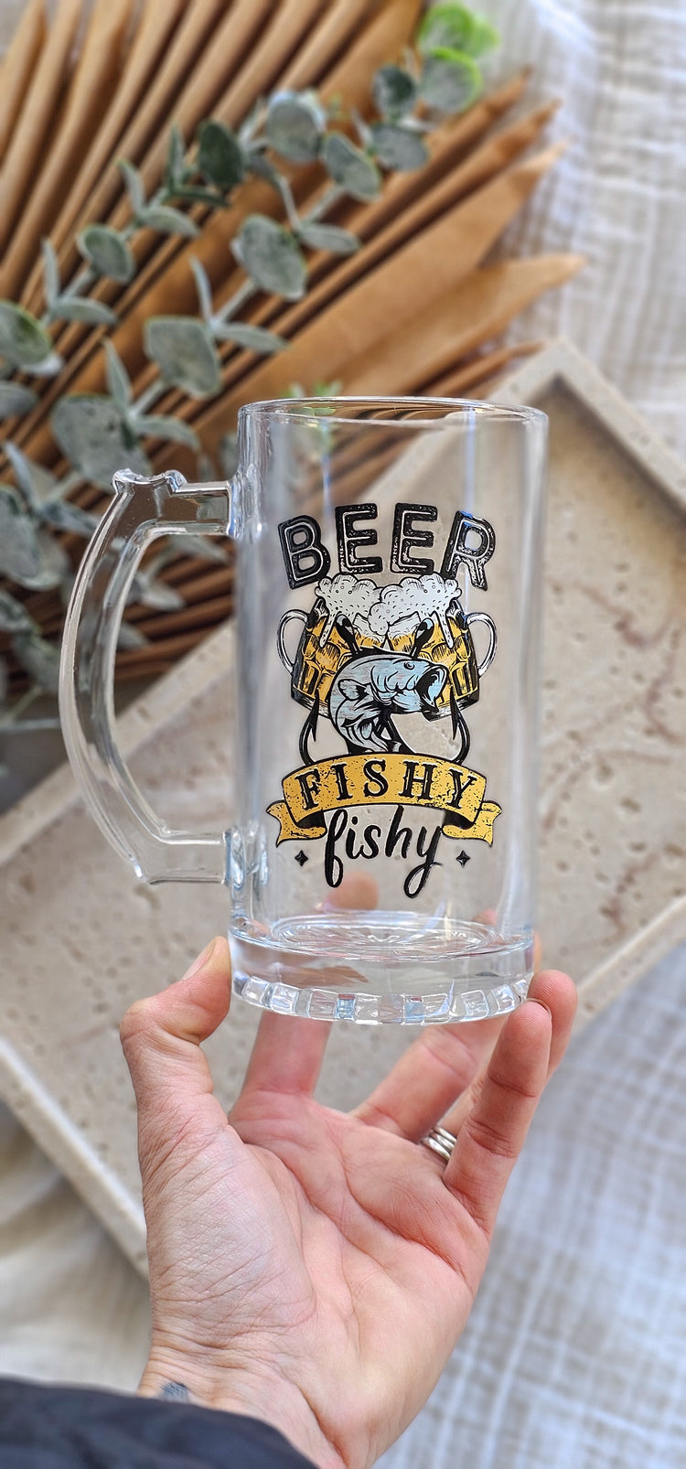 Glass Beer Mug with Printed Designs