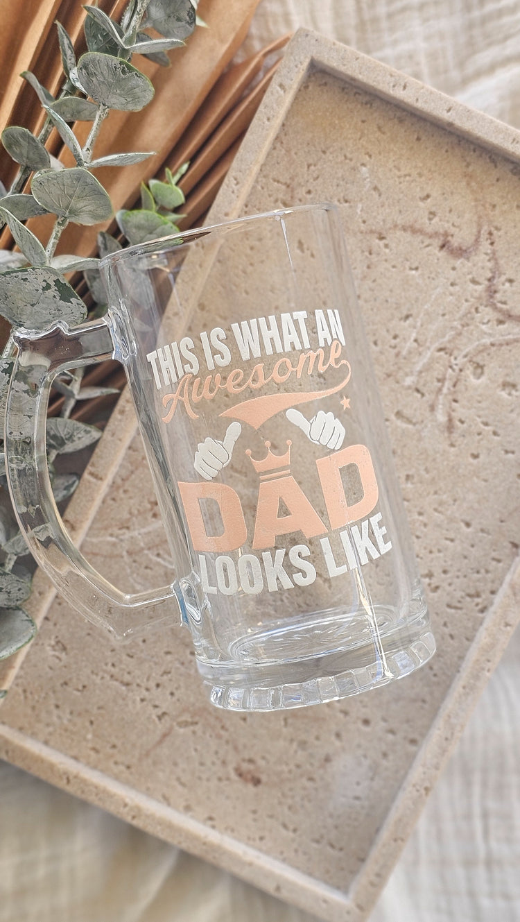 Glass Beer Mug with Printed Designs