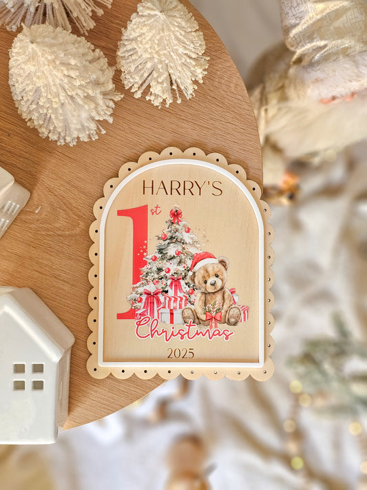 Vintage Arch Teddy Bear First Christmas Plaque