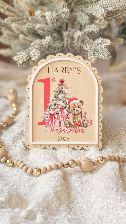 Vintage Arch Teddy Bear First Christmas Plaque
