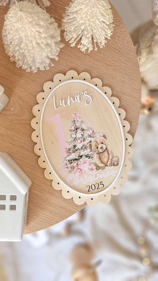 Vintage Oval Teddy Bear First Christmas Plaque