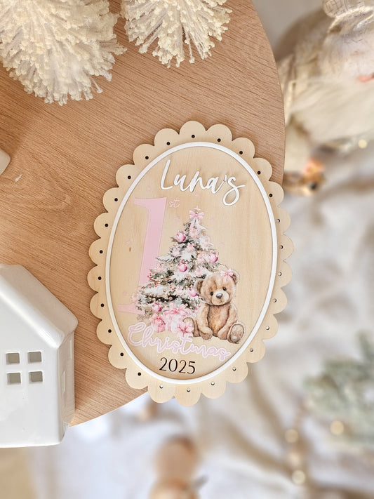 Vintage Oval Teddy Bear First Christmas Plaque