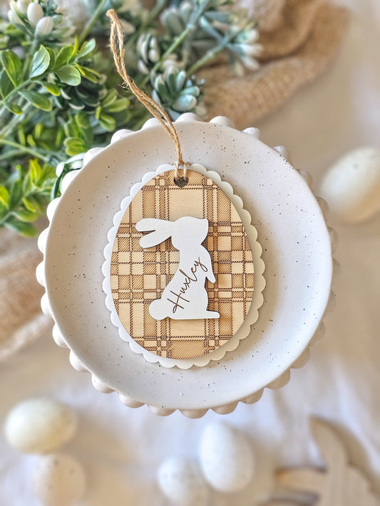 Plaid Tartan Egg Easter Tag with Personalised Bunny