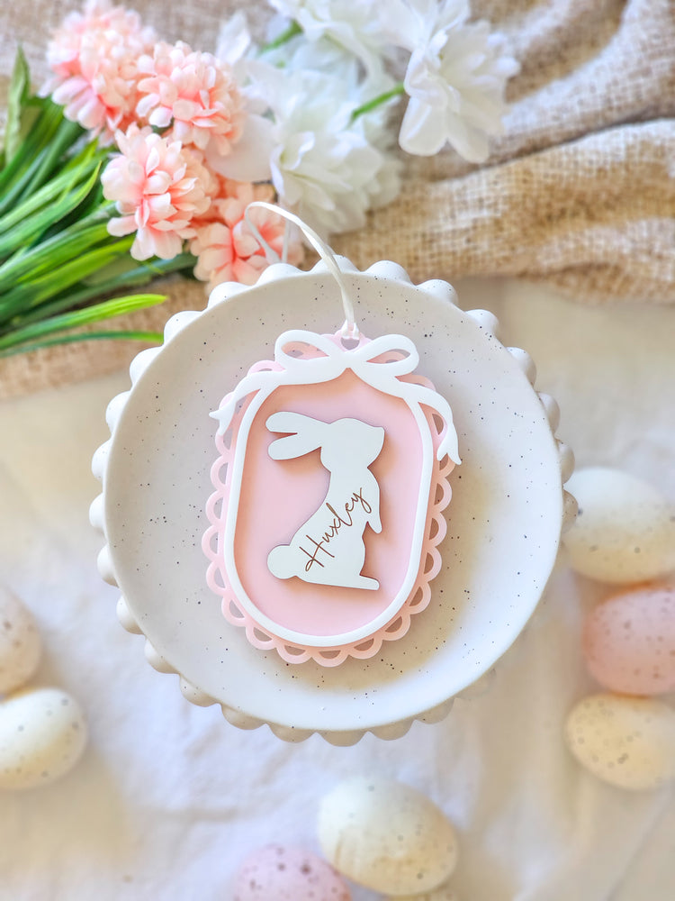 Oval Vintage Easter Tag with Personalised Bunny - Acrylic Base