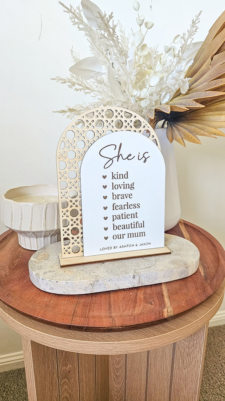 She is Affirmation Stand | Rattan