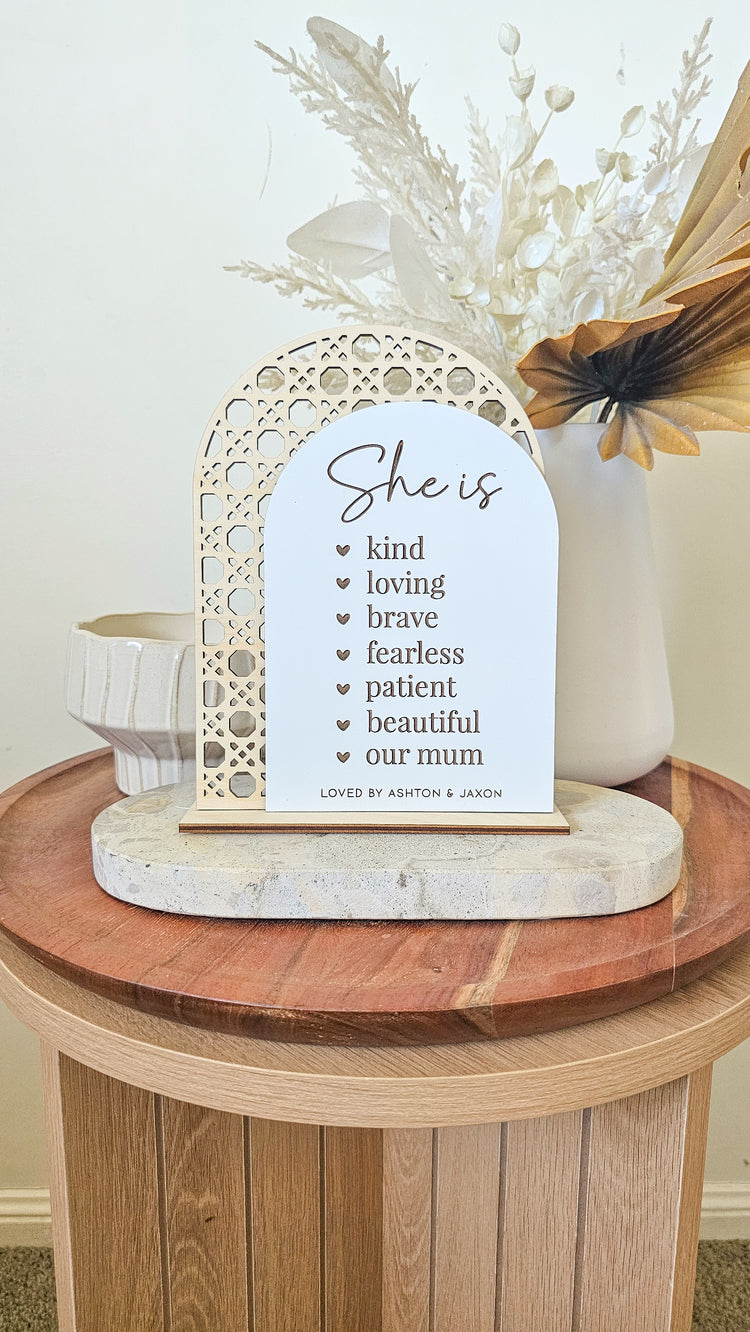 She is Affirmation Stand | Rattan