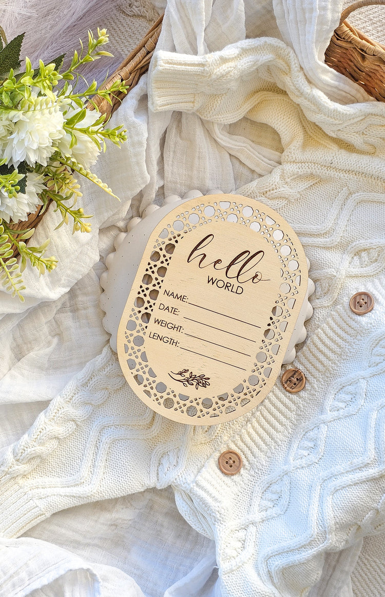Rattan Oval Hello World Announcement Plaque