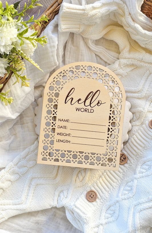 Rattan Arch Hello World Announcement Plaque