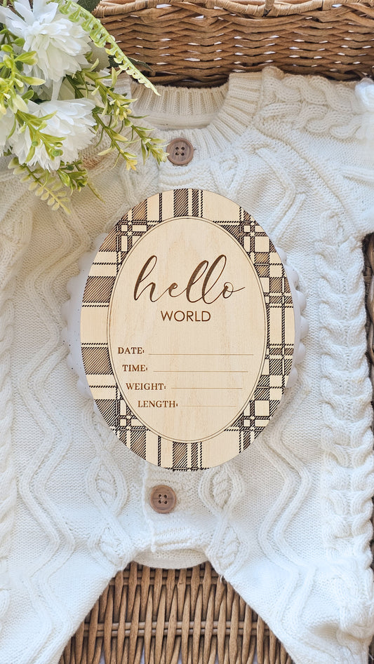 Hello World Plaid Tartan Birth Announcement - Oval