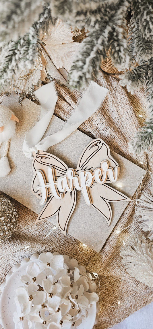 Personalised Timber Bow Christmas Tag