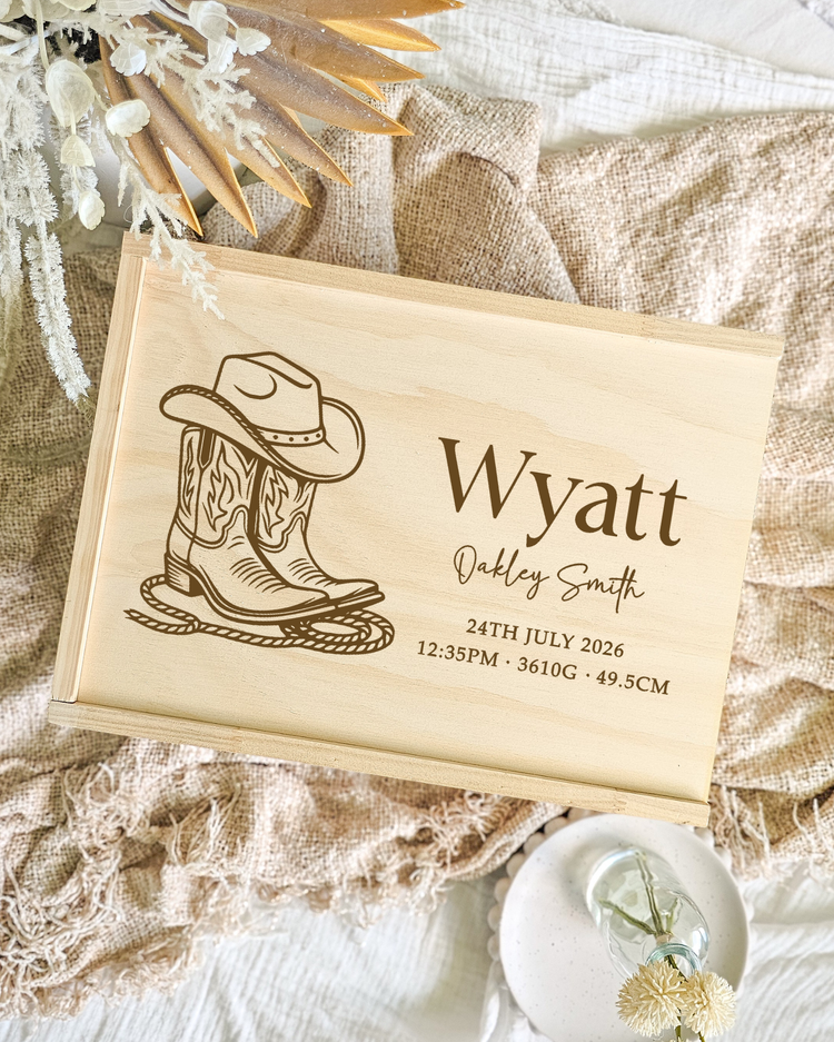 Wooden Keepsake Box - Western Cowboy Design