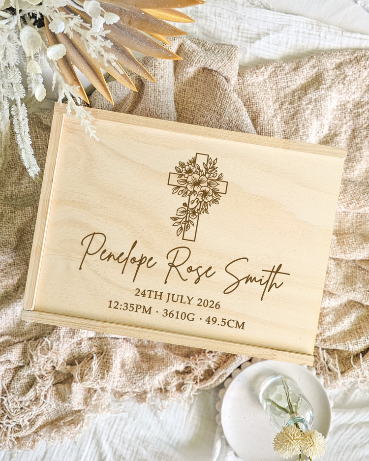 Wooden Keepsake Box - Floral Cross Design