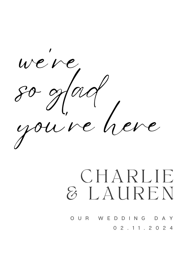 We're so glad you're here - Wedding Sign