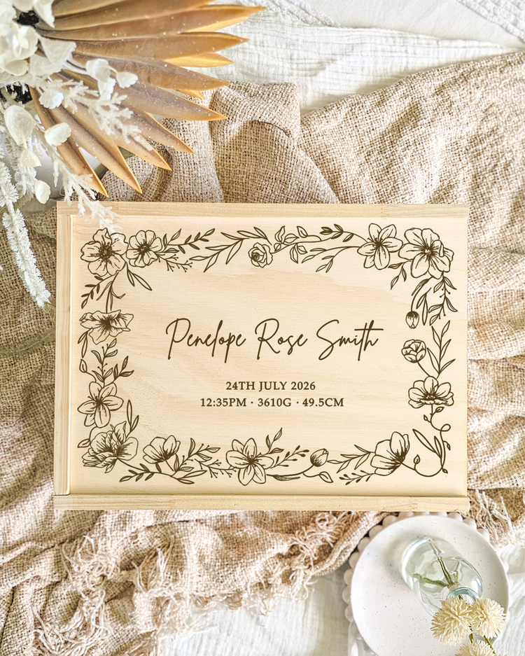 Wooden Keepsake Box - Flower Border Design