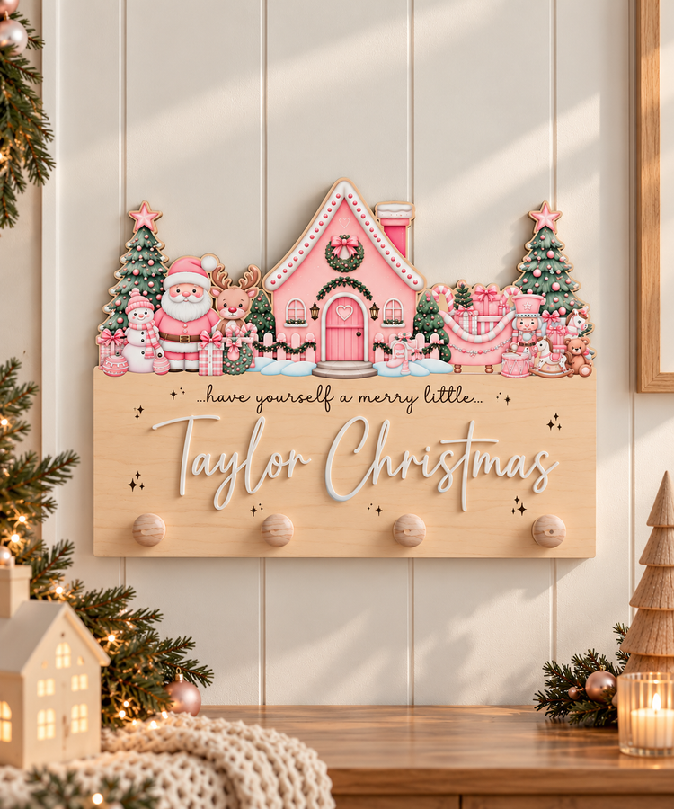 Christmas Scene Printed Stocking Hanger- Pink Design