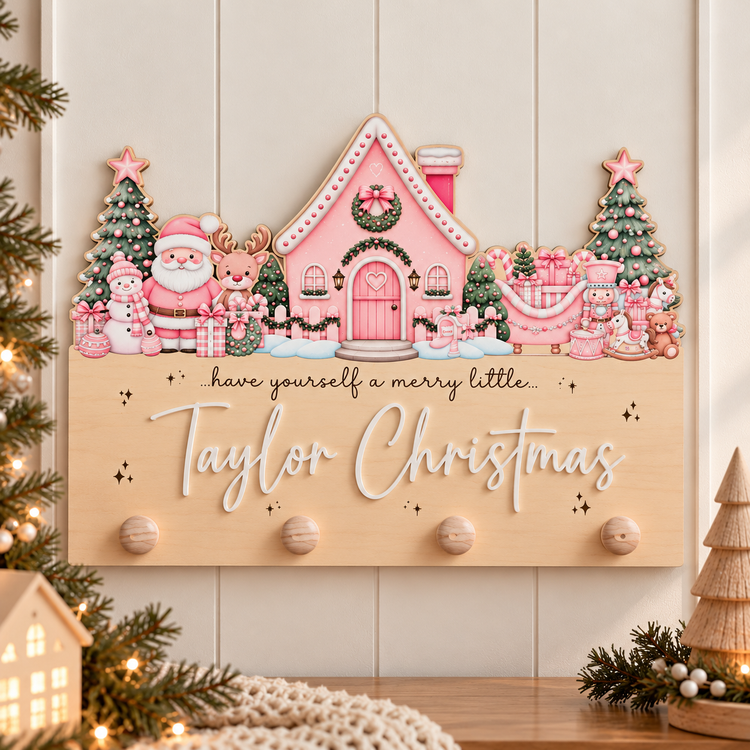 Christmas Scene Printed Stocking Hanger- Pink Design