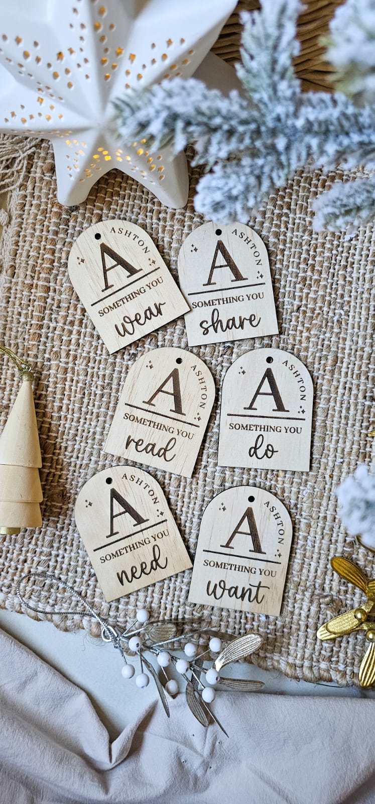 Christmas Mindful Arch Tags - Want, wear, need, read, do, share