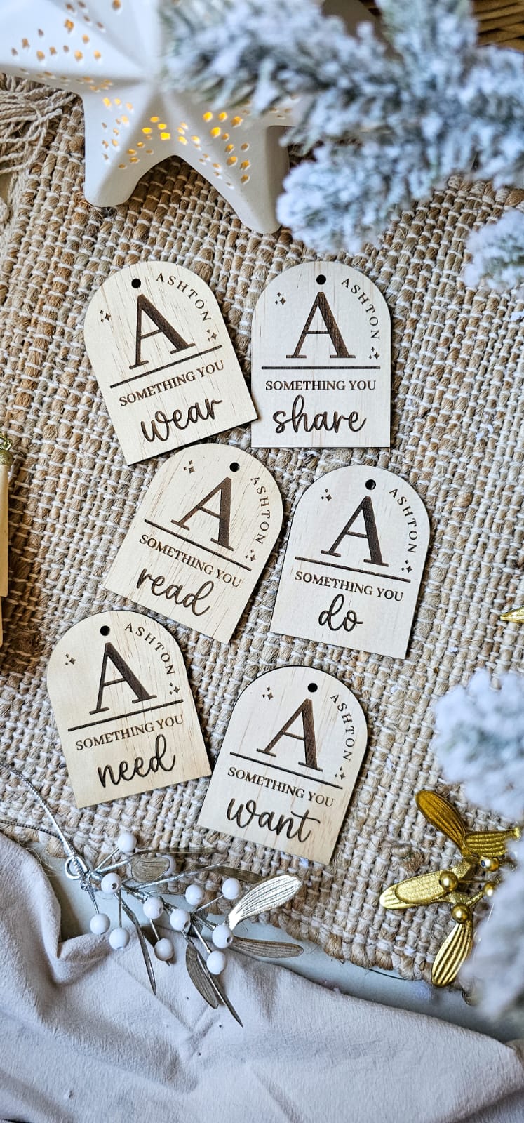 Christmas Mindful Arch Tags - Want, wear, need, read, do, share