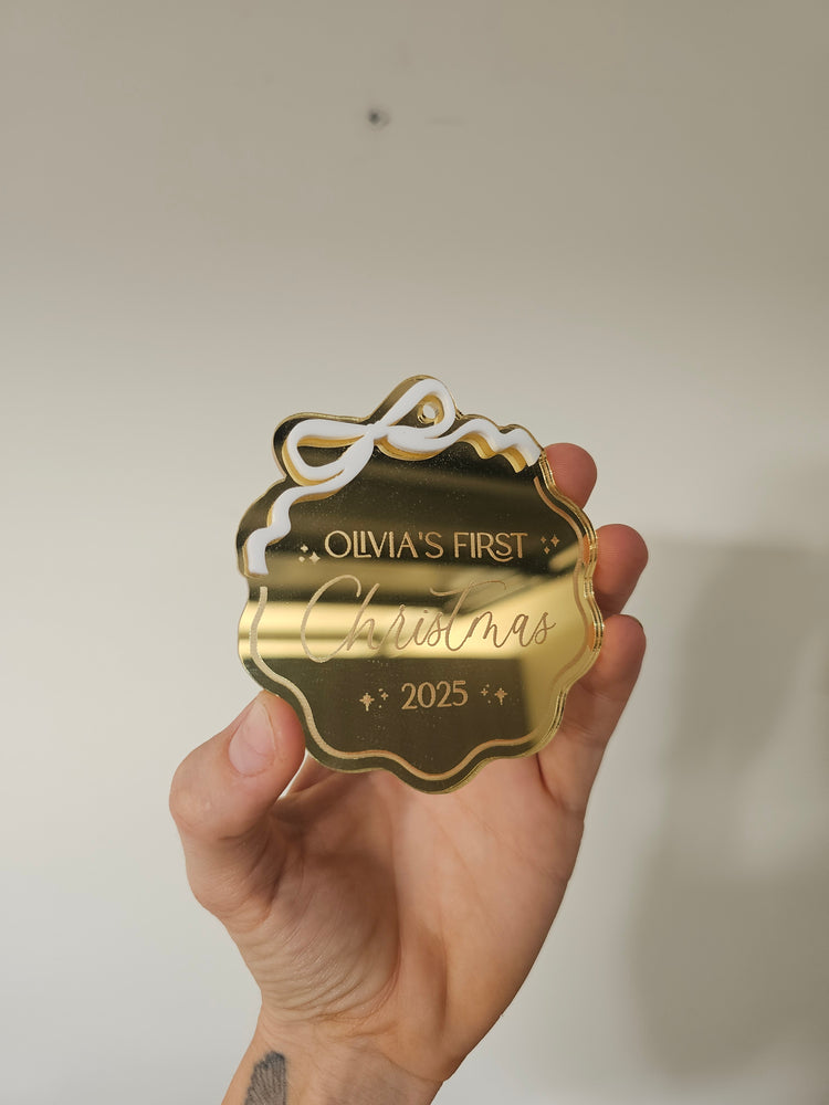 Wavy bow first christmas tag - olivia