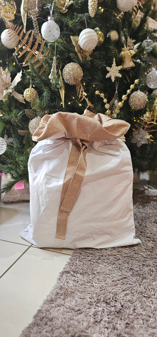 White linen with jute christmas sack