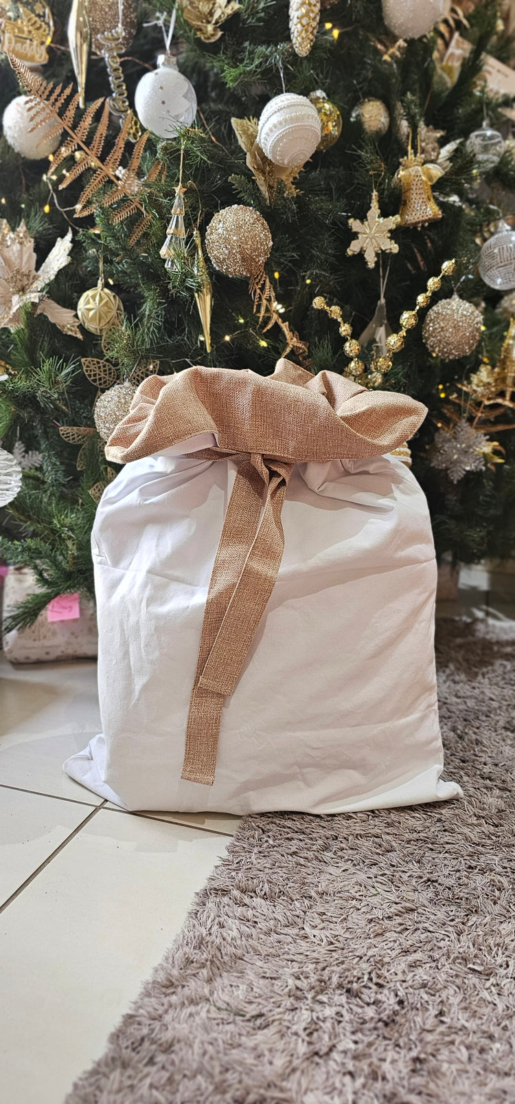 White linen with jute christmas sack